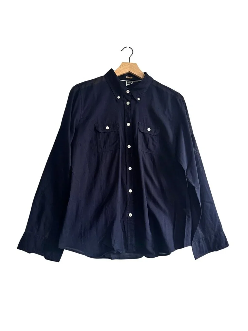 J.Crew Vintage Navy Cotton Utility Shirt Roll Tab Sleeves Petite Large